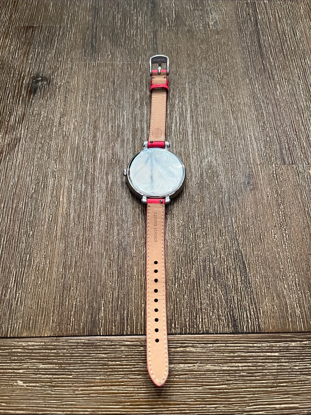 Fossil Women’s Watch Leather Strap Pink Round Face Adjustable Silver Like New - Picture 6 of 9